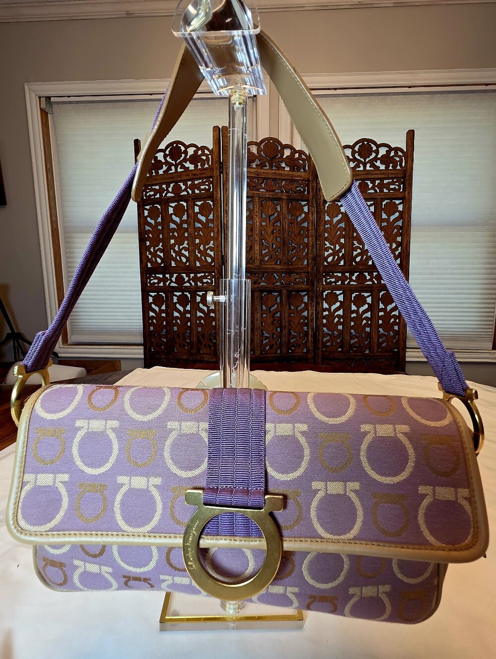 Salvatore Ferragamo Gancini Purple Jacquard Shoulder Bag AF-21 5380 Italy